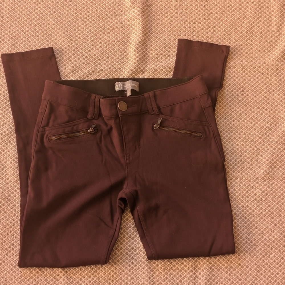 Stylish Dark Purple Burgandy Pants with Zipper Accents Elastic Band Stretch Pant - Picture 3 of 12